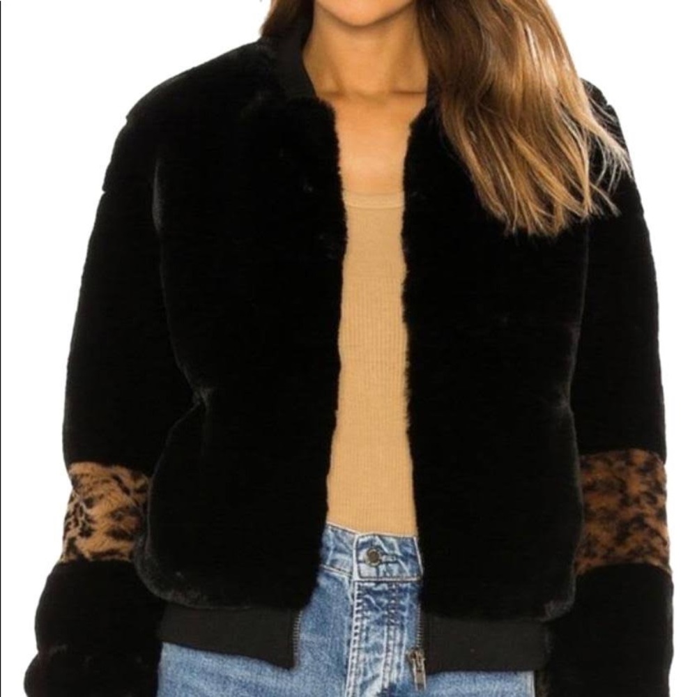 Apparis Faux Fur Bomber Jacket with Cheetah Detail on Sleeve